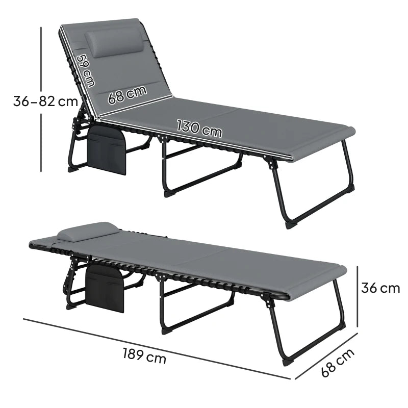 Set of 2 Charcoal Grey Folding Sun Loungers - Recliner Garden Chairs with Quick Drying Pad, Headrest & Side Pocket for Beach and Pool