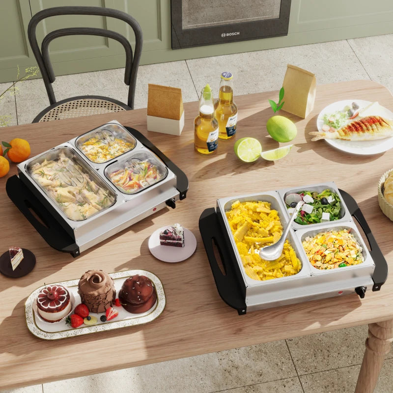4.5L Stainless Steel Electric Buffet Server Set of 2 with 3 Trays & Lids - Perfect for Parties & Events