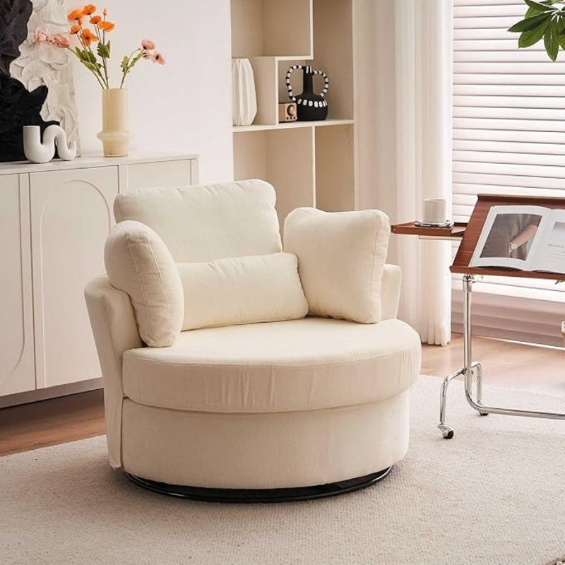 Ivory Chenille Swivel Armchair with Cushions and Ottoman Stool, 360° Recliner Sofa, 107L x 105W x 82H cm