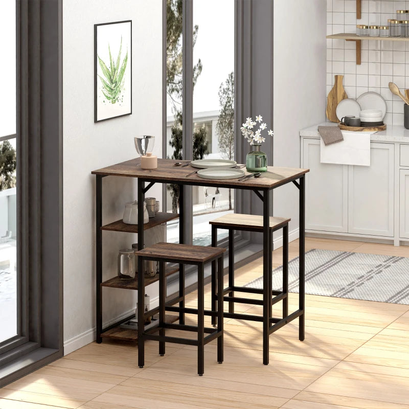 Industrial Bar Height Dining Table Set with 2 Stools & Side Shelf - 3 Piece Coffee Table for Dining Room & Kitchen