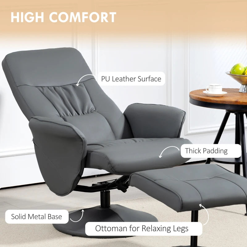 Stylish Grey Swivel Recliner Chair with Footstool - PU Leather Armchair for Living Room Comfort