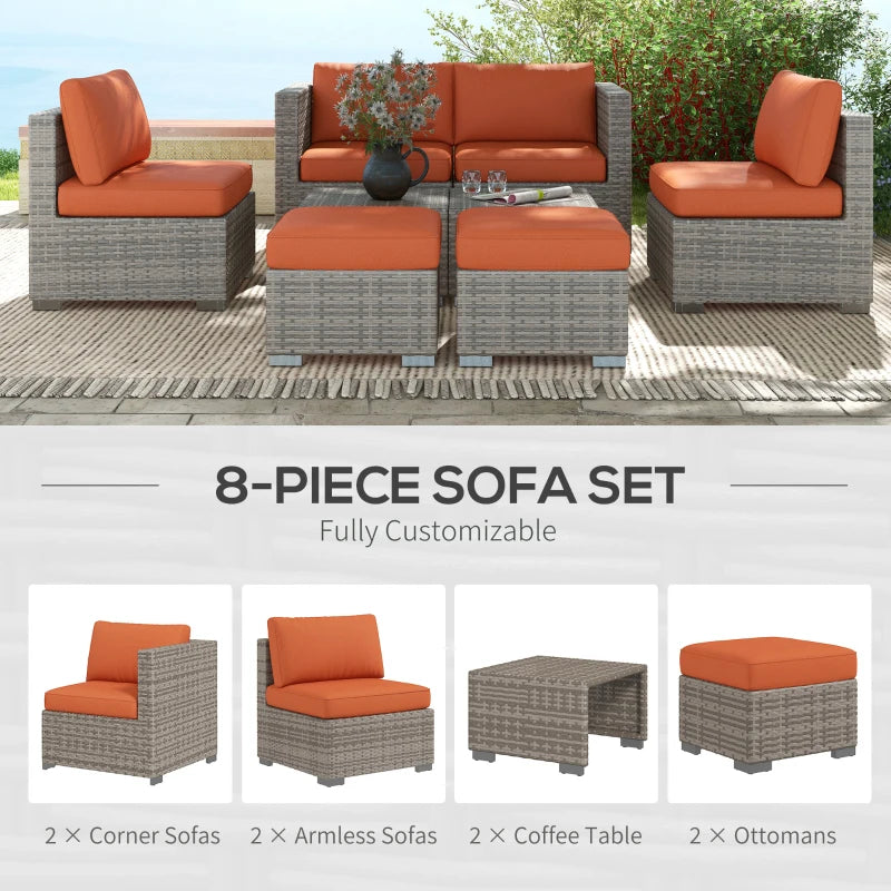 8-Piece Rattan Garden Furniture Set with Orange and Grey Cushions