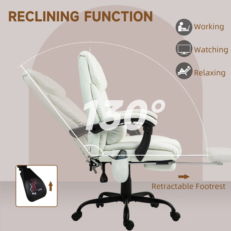 Vinsetto 6-Point Massage Office Chair - Adjustable PU Leather Desk Chair with Footrest for Home Office - White