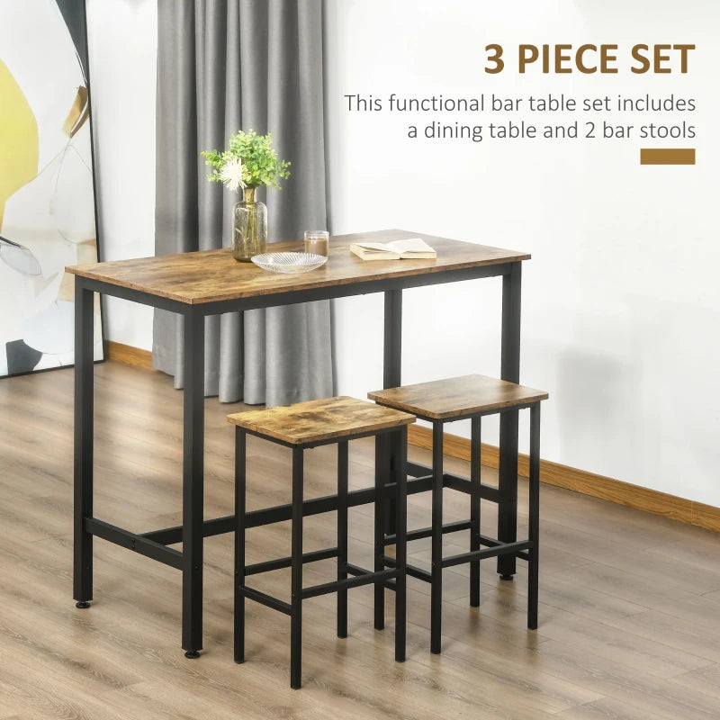 Rustic Brown 3-Piece Bar Table Set - 120x60cm Breakfast Table with 2 Stools for Kitchen & Living Room