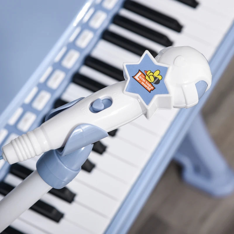 Kids Mini Electronic Piano Keyboard Set - Educational Musical Instrument with Stool, Microphone & Music Stand - Blue Grand Piano Toy