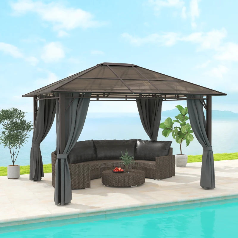 3 x 3.6m Hardtop Gazebo Canopy - Dark Grey Polycarbonate Roof Garden Pavilion with Removable Curtains and Steel Frame