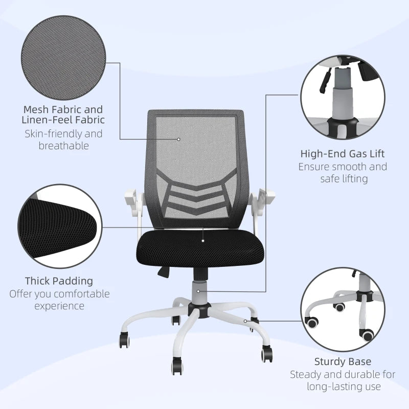 Vinsetto Ergonomic Mesh Office Chair with Flip-up Armrests, Lumbar Support & Swivel Wheels - Black Computer Desk Chair
