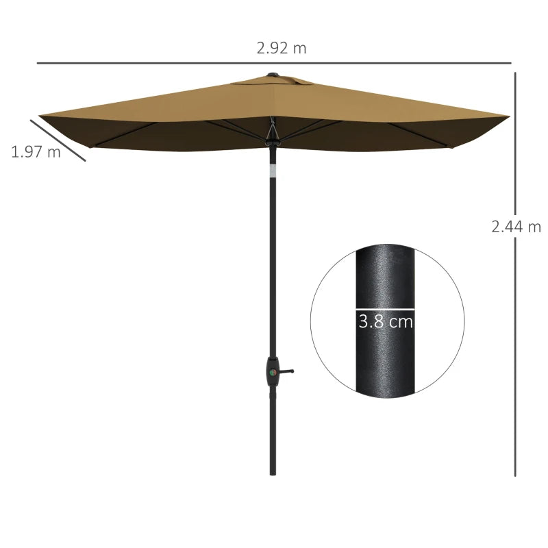 Brown Rectangular Garden Parasol Umbrella, 2x3m, Crank Tilt, Aluminium Pole