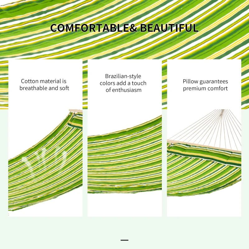 Green Striped Double Cotton Hammock with Adjustable Steel Frame