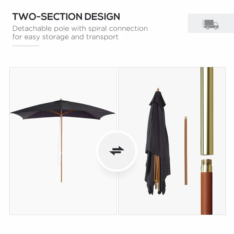 Black 2 x 3m Wooden Garden Parasol Umbrella