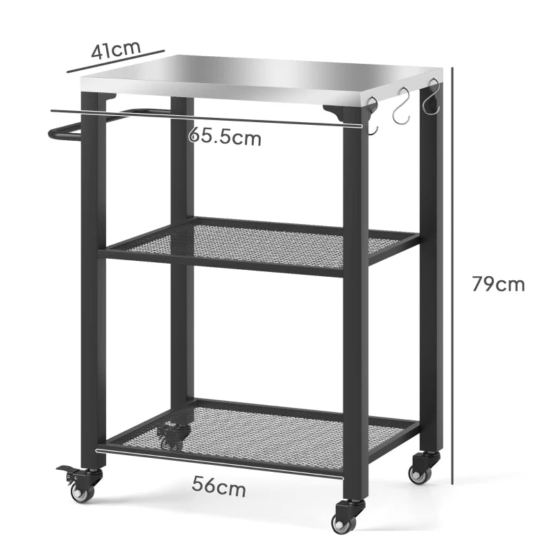 Three-Shelf Outdoor Grill Cart with Stainless Steel Top & Wheels - Movable BBQ Kitchen Island with Hooks, 65.5x41x79 cm