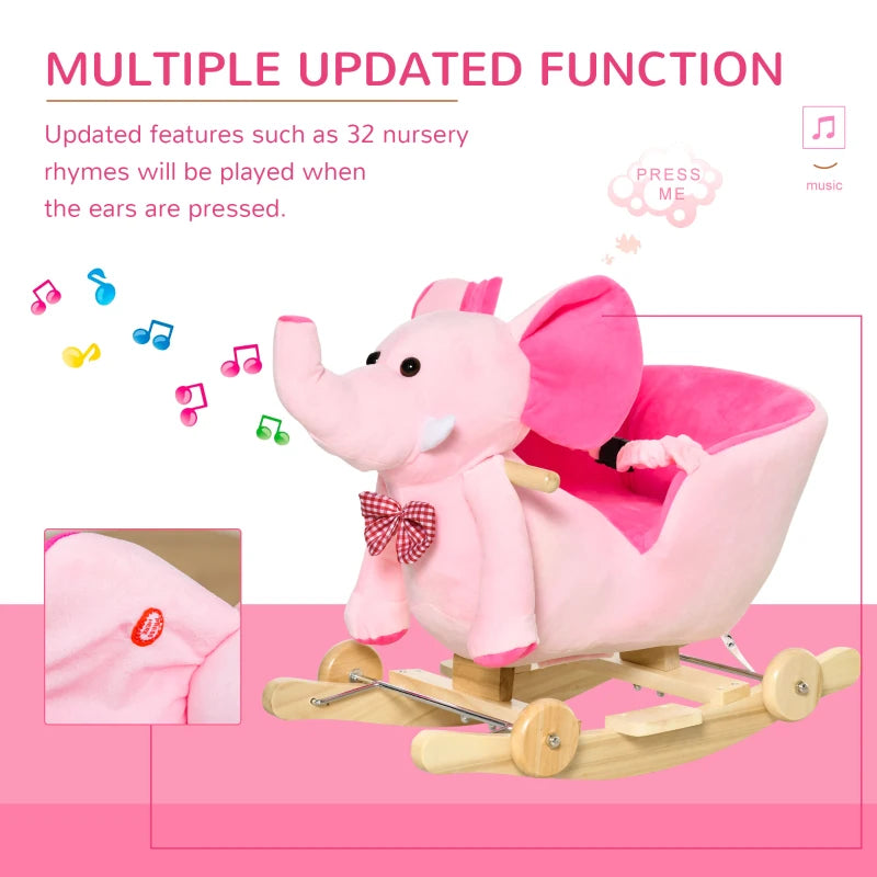 2-in-1 Plush Baby Rocking Horse Elephant with Wheels - Wooden Toy for Kids, 32 Songs, Ideal for 18+ Months (Pink)