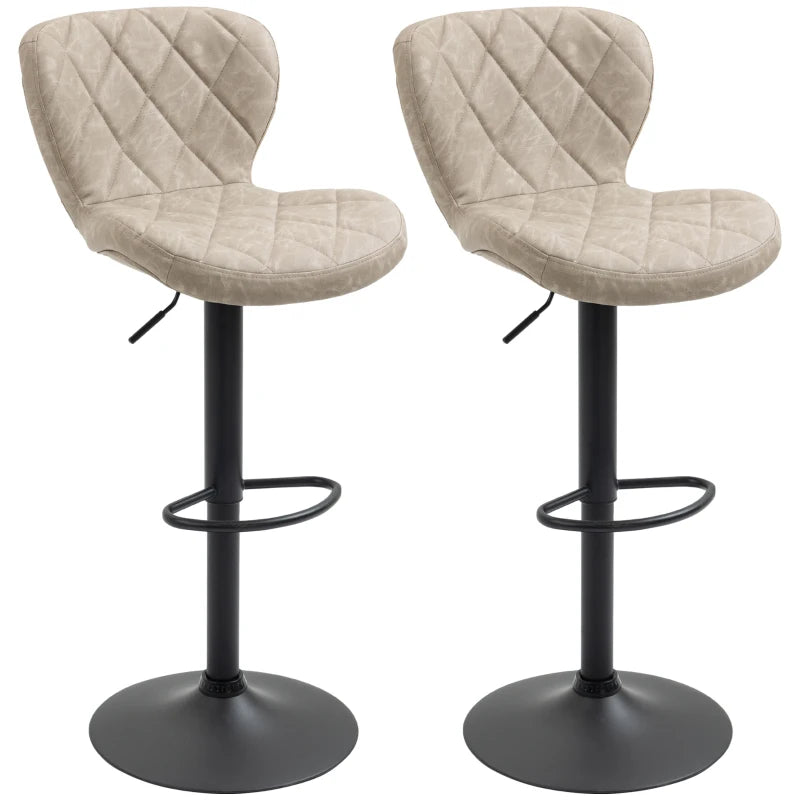Set of 2 Swivel Bar Stools with Backrest & Footrest - Light Khaki PU, Steel Frame, Diamond Pattern for Kitchen & Dining