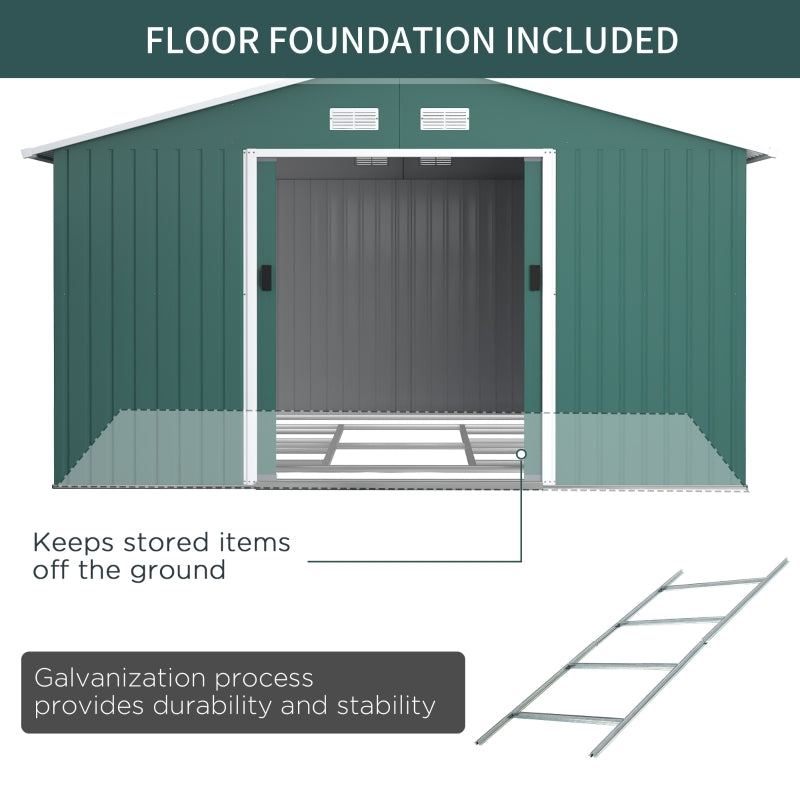 12.5ft x 11.1ft Large Green Metal Shed With Doors