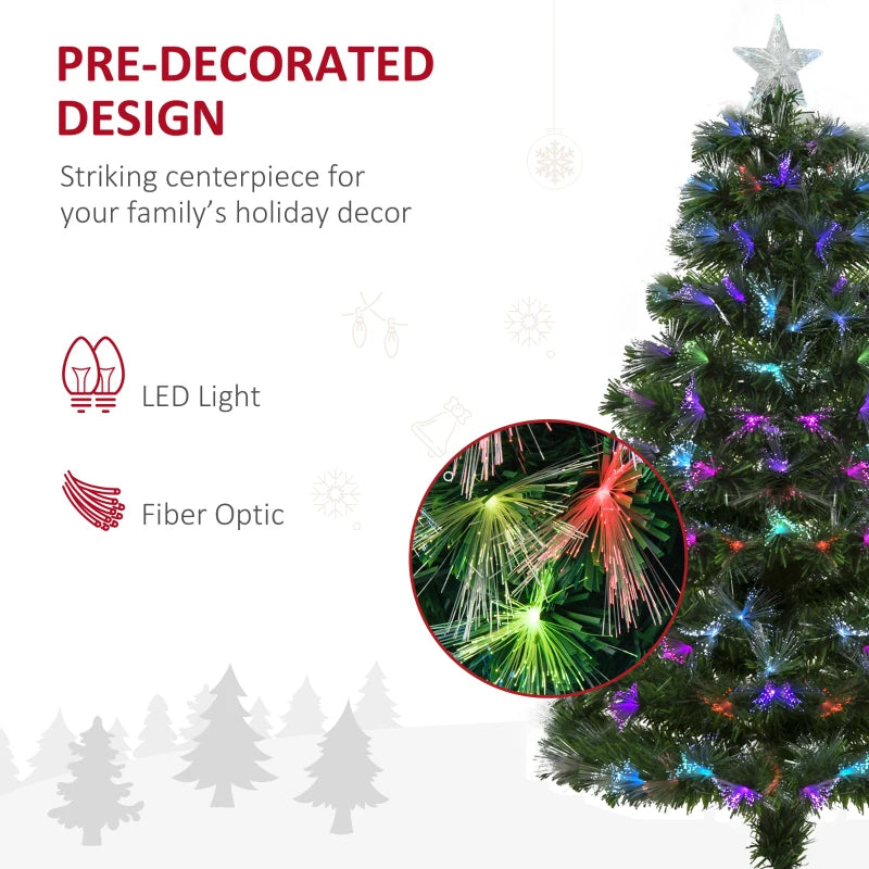 4FT Multicoloured Artificial Christmas Tree with Fibre Optic Lights, Pre-Lit Modes, Metal Stand & Star Holder - Festive Home Decoration