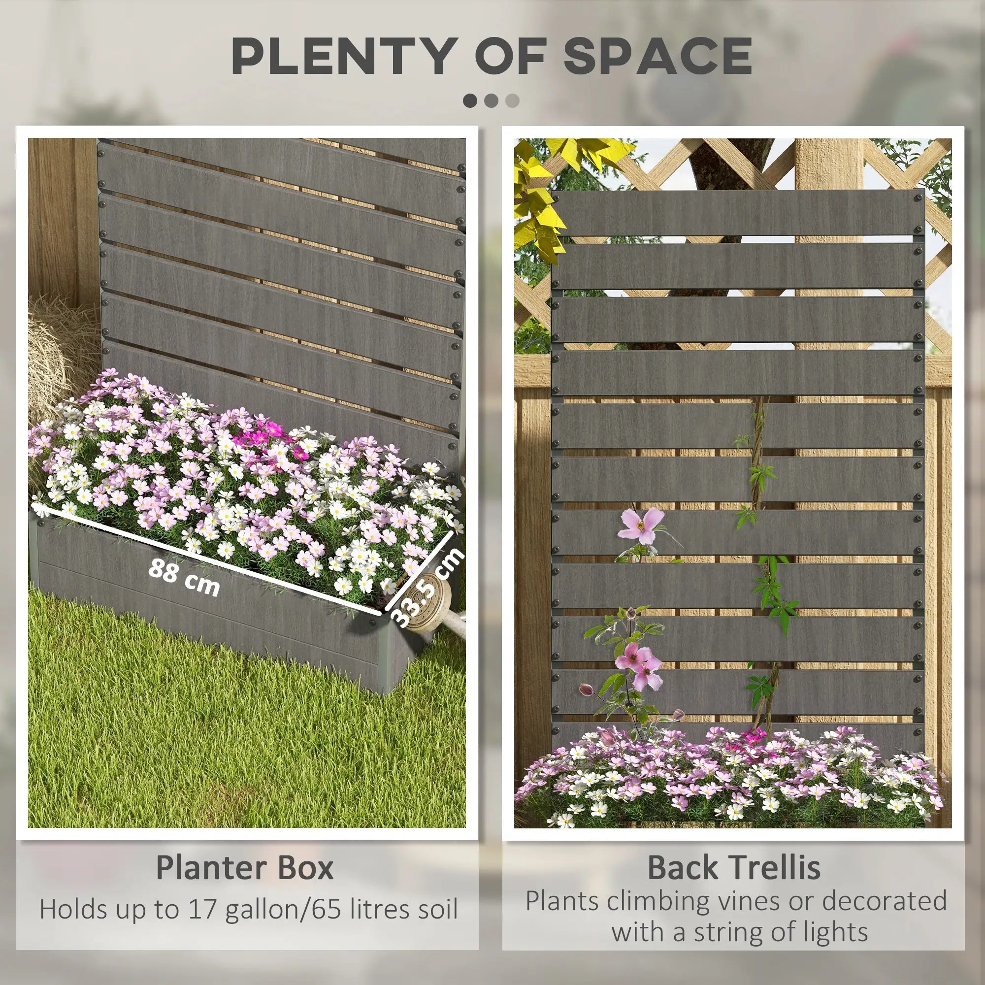 Dark Grey Composite Raised Bed for Gardening - Planter with Trellis for Climbing Plants, Vines - With Drainage