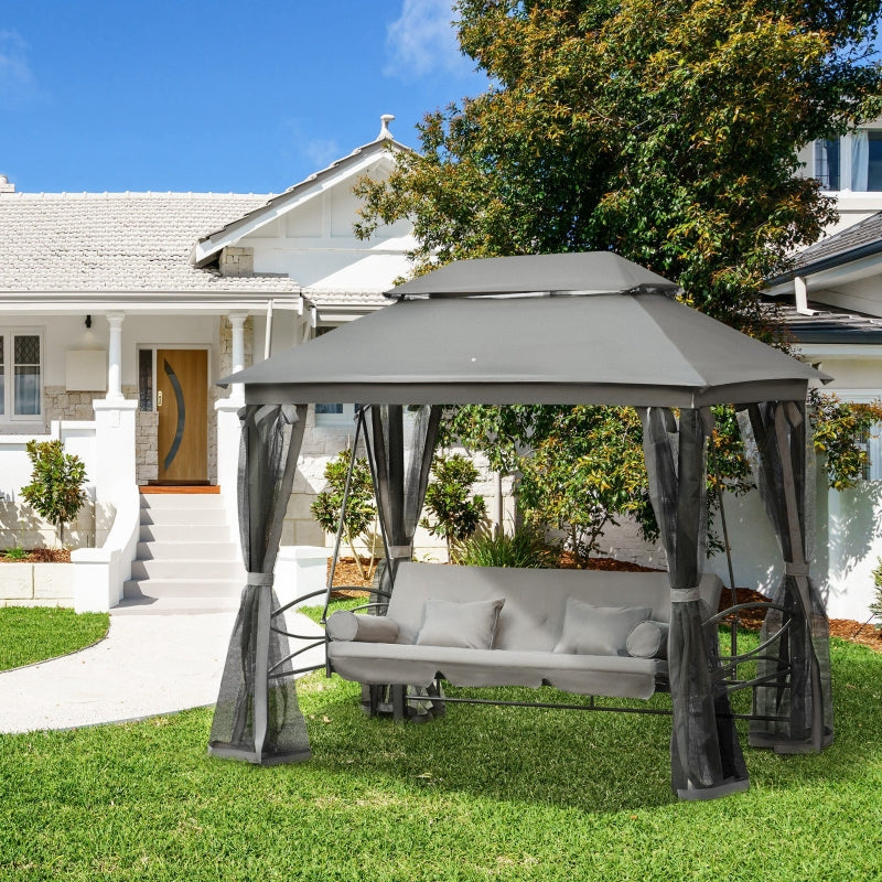 Grey 3-Seater Convertible Garden Swing Bed with Canopy