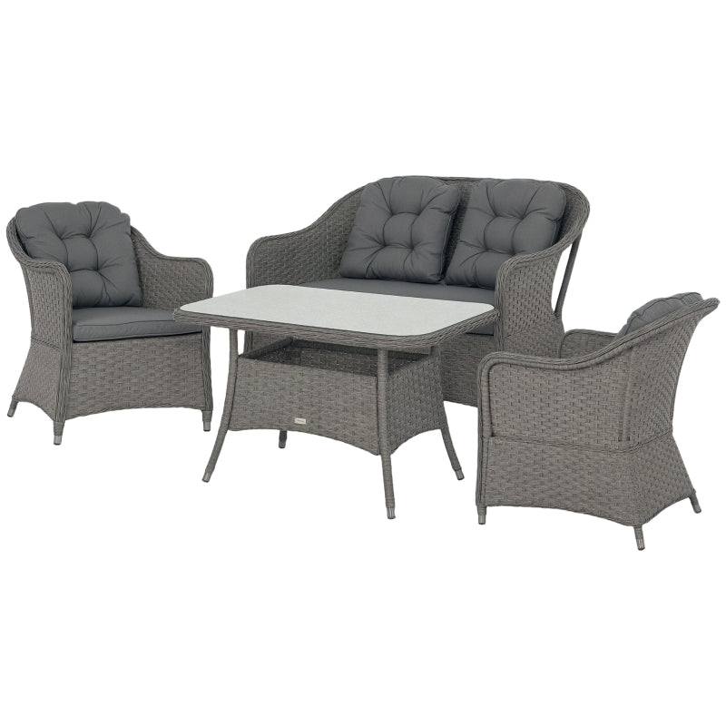 4-Piece Light Grey Rattan Patio Furniture Set with Glass-Top Table