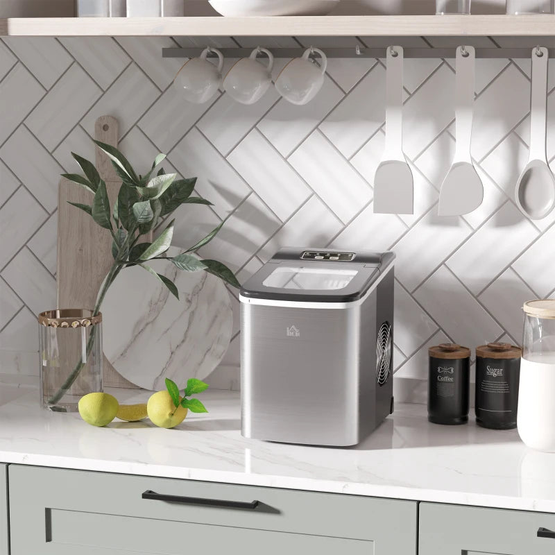 Portable Ice Maker Machine - 9 Cubes in 8 Mins, 12KG/24Hrs, Self-Cleaning, Adjustable Size, Stainless Steel, No Plumbing, Black