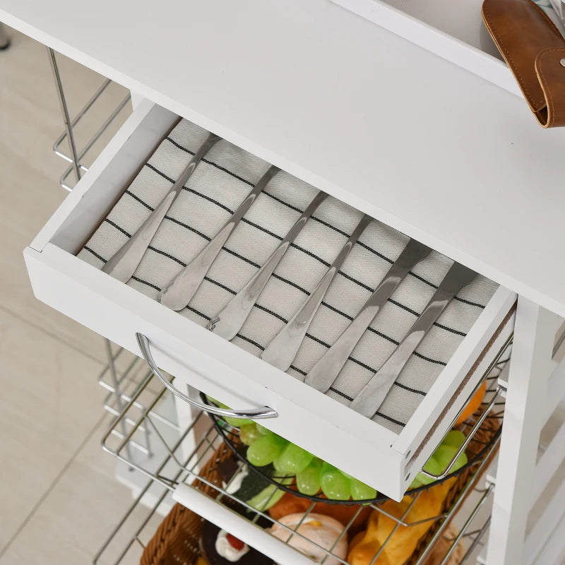 Rolling Kitchen Cart with 4 Basket Drawers & Side Racks - Mobile Utility Storage Cart on Wheels for Dining Room - White