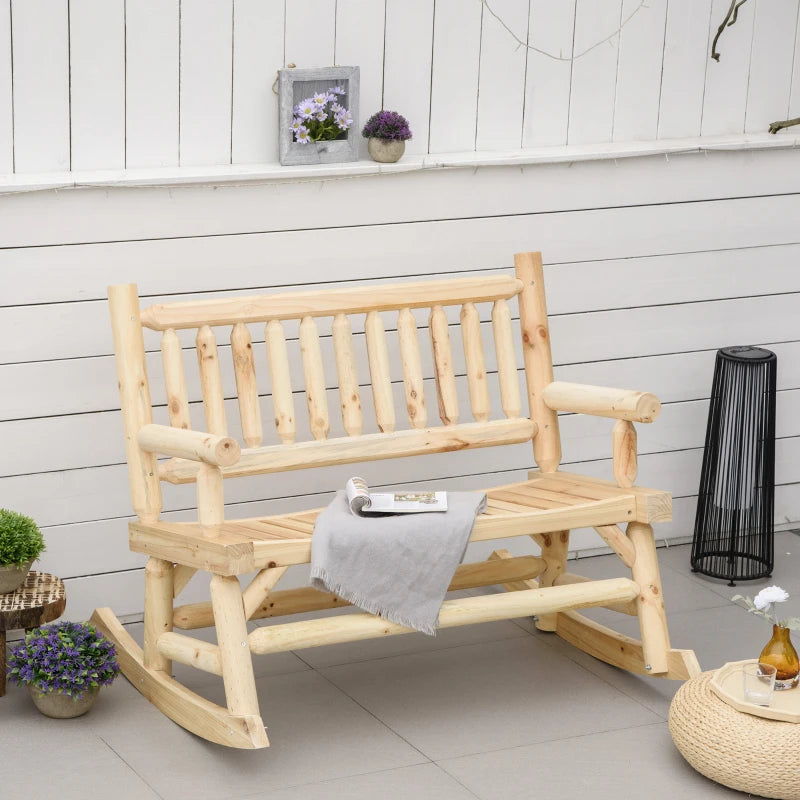 Natural Wood 2-Seater Rocking Bench Loveseat - Rustic Style