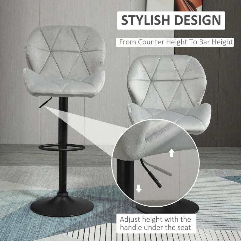 Adjustable Bar Stools Set of 2 - Armless Upholstered Swivel Counter Chairs with Back & Footrest in Light Grey