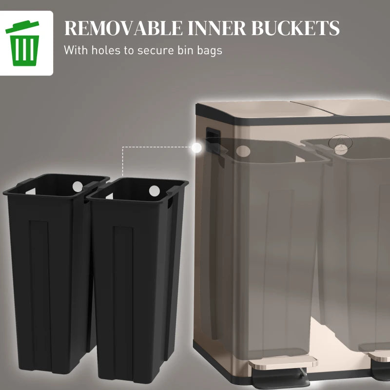40L Dual Compartment Stainless Steel Trash Bin with Deodoriser Holders - Elegant Gold Tone for Modern Kitchens