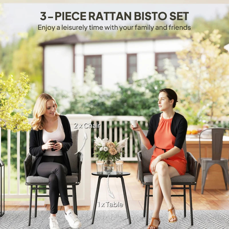 3-Piece Rattan Bistro Set with Cushions - Patio Furniture for Balcony, Porch, Terrace - Grey