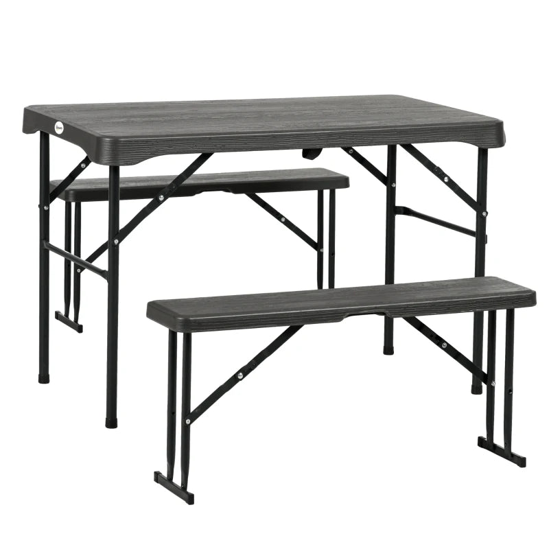 Folding Picnic Table Set for 4 - 3-Piece Portable Garden Furniture with 2 Benches, Dark Grey Plastic Top and Steel Frame