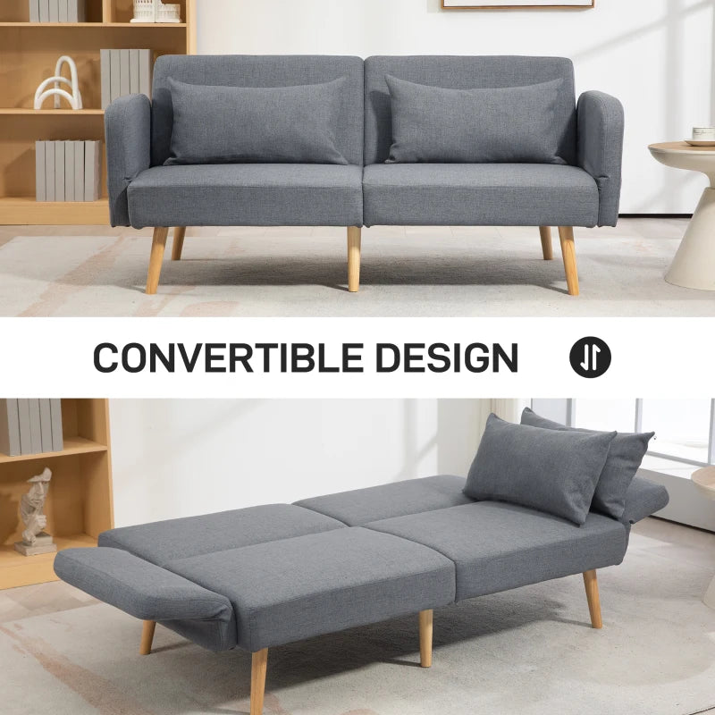 Grey Two-Seater Click-Clack Sofa Bed with Cushions for Space-Saving Comfort and Style