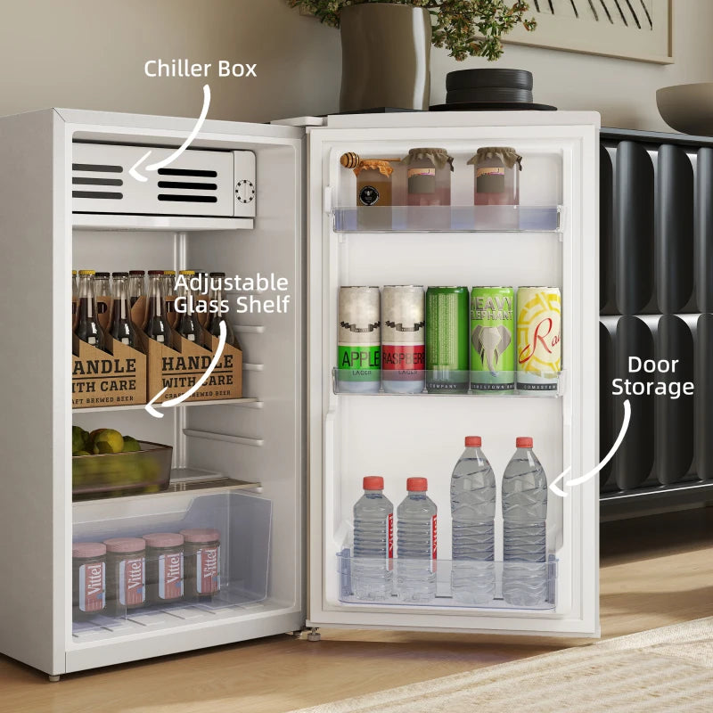 85L Retro Under Counter Fridge with Chiller Box, Adjustable Thermostat & Glass Shelves - Compact White Refrigerator