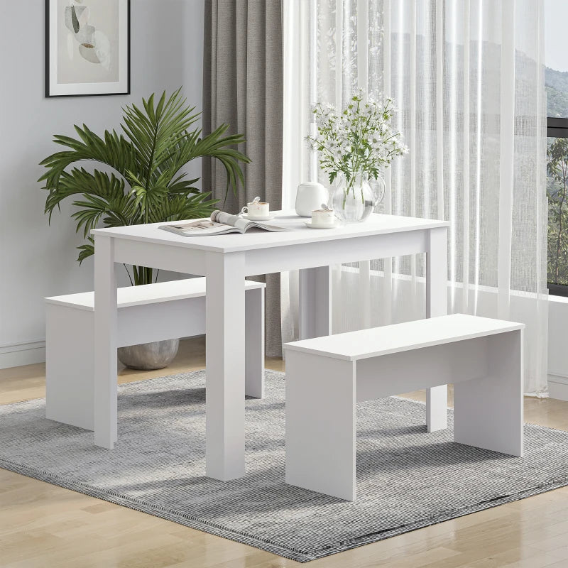 Compact White Kitchen Dining Table Set with 2 Benches - Space-Saving Table and Chairs for Small Areas