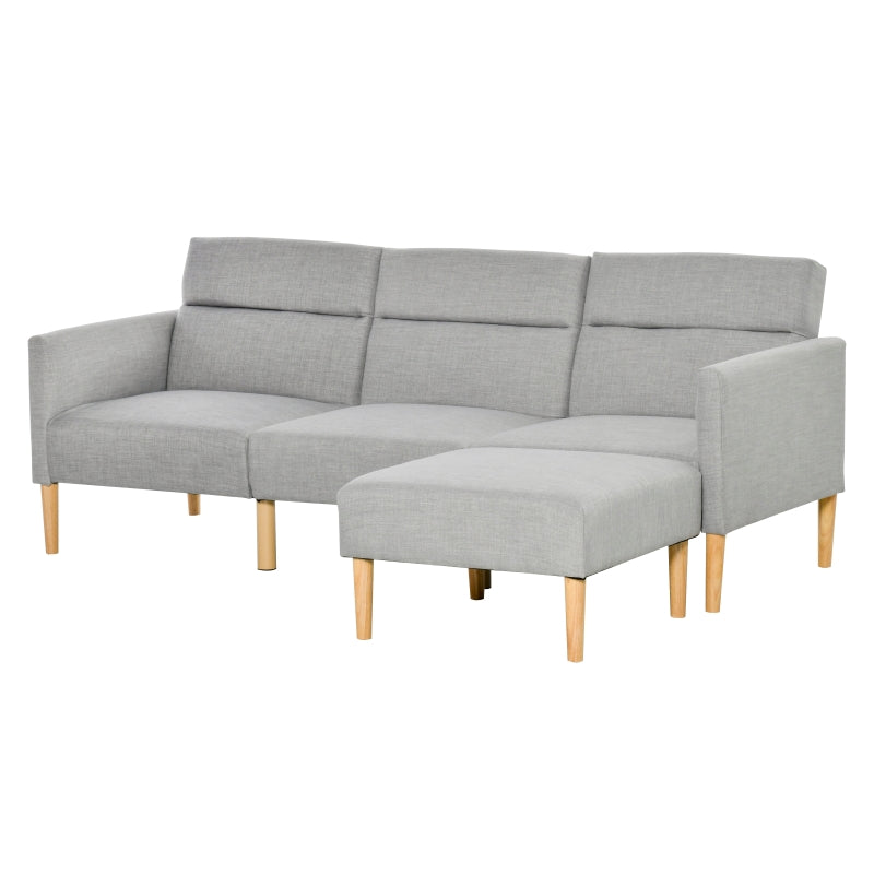 Linen Fabric L-Shaped Sofa Bed with Footstool and Rubber Wood Legs in Light Grey