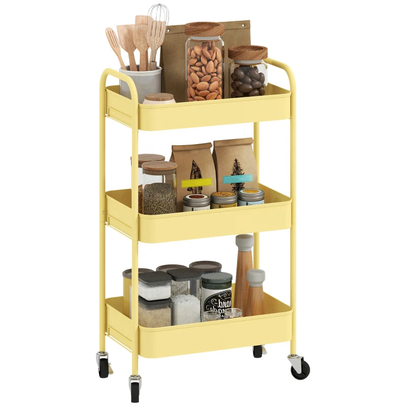 Three-Tier Yellow Steel Storage Trolley - Durable, Versatile Organizer for Home, Office, Kitchen & Garage