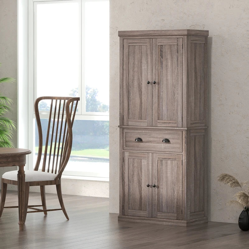 Freestanding 184cm Tall Kitchen Cupboard - Traditional Colonial 4-Door Pantry Storage Cabinet with Drawer, Dark Wood Grain Finish