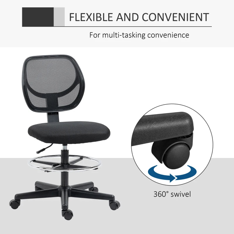 Vinsetto Ergonomic Mesh Standing Desk Chair - Adjustable Footrest Ring & Seat Height - Stylish Black Office Chair