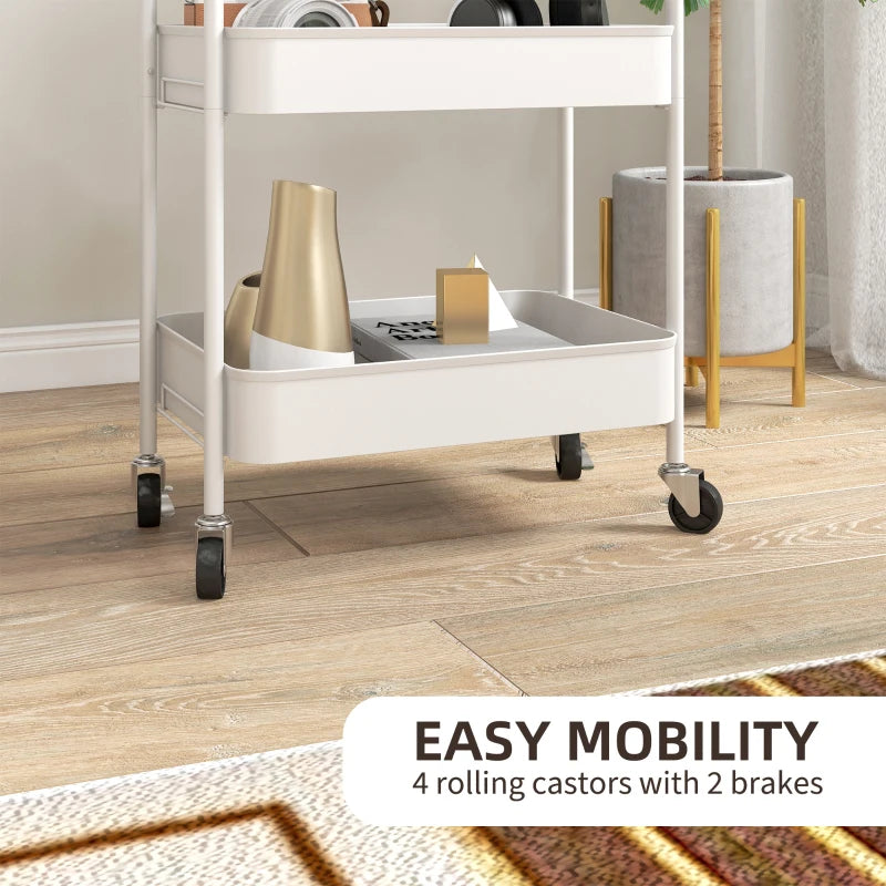 Three-Tier White Steel Storage Trolley - Versatile Rolling Cart for Kitchen, Office, and Home Organization