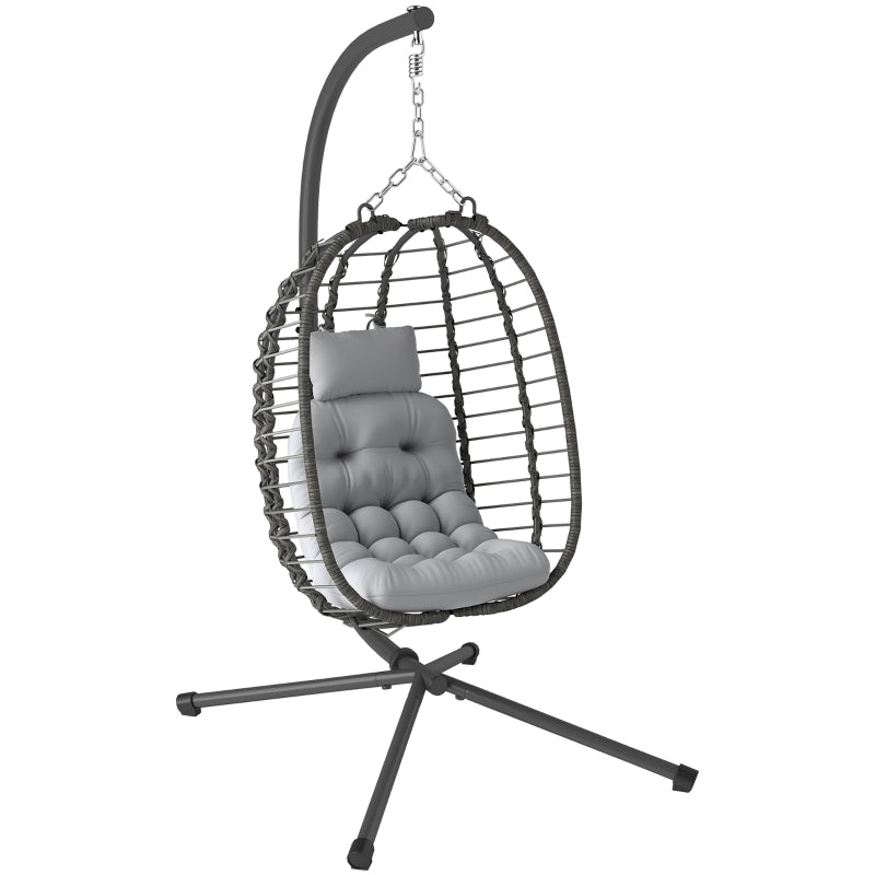 Light Grey Rattan Hanging Egg Chair with Cushion, Adjustable Height, Steel Frame for Indoor Outdoor