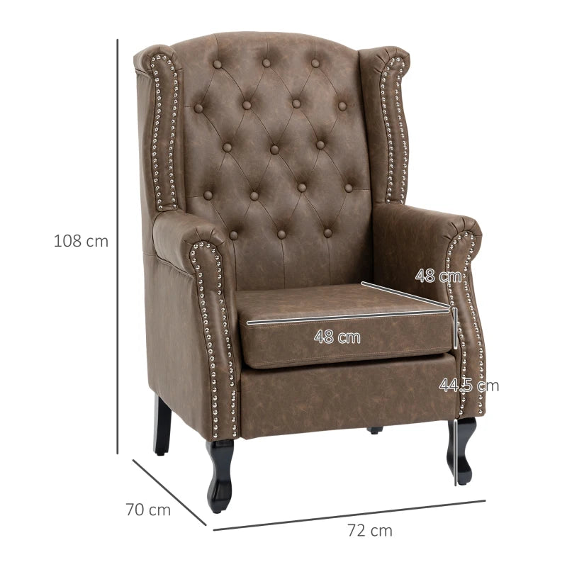Tufted Chesterfield-Style Wingback Accent Chair with Nail Head Trim for Living Room or Bedroom in Brown