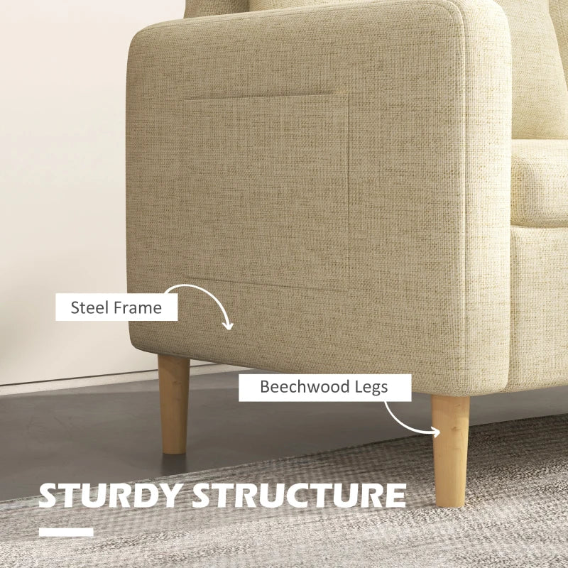 Modern Two-Seater Sofa for Living Room, Stylish Fabric Couch with Wooden Legs and Storage Pockets, Beige
