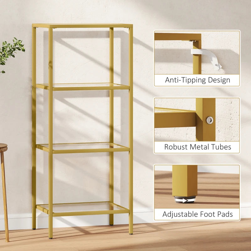 Elegant 4-Tier Glass Shelving Unit - Vertical Storage for Living Room, Home Office, Bedroom & Bathroom - Gold Tone Design