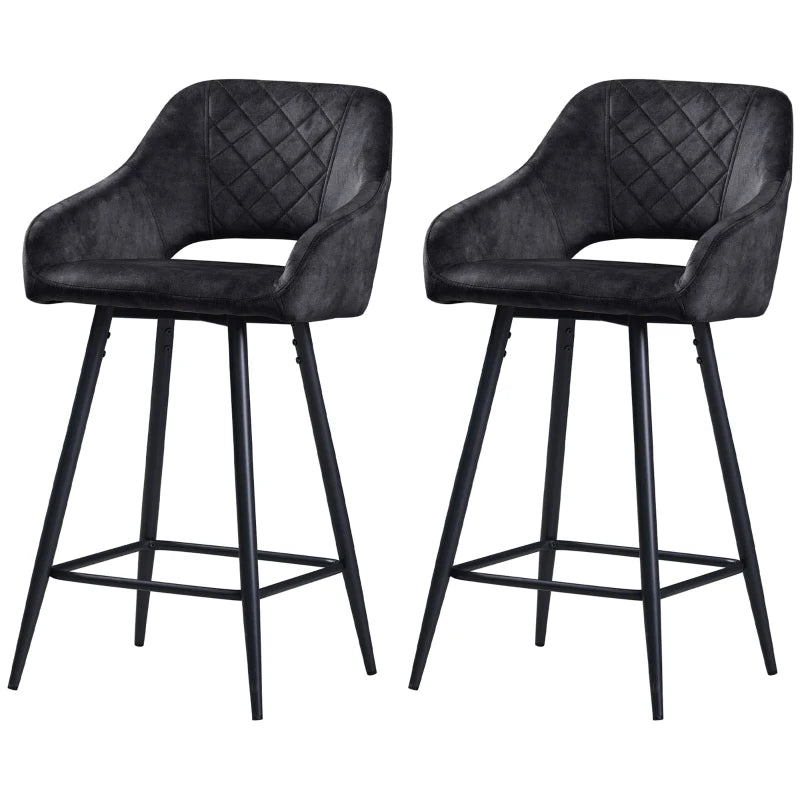Set of 2 Grey Velvet-Feel Bar Stools - Stylish Modern Seating for Kitchen Island or Home Bar
