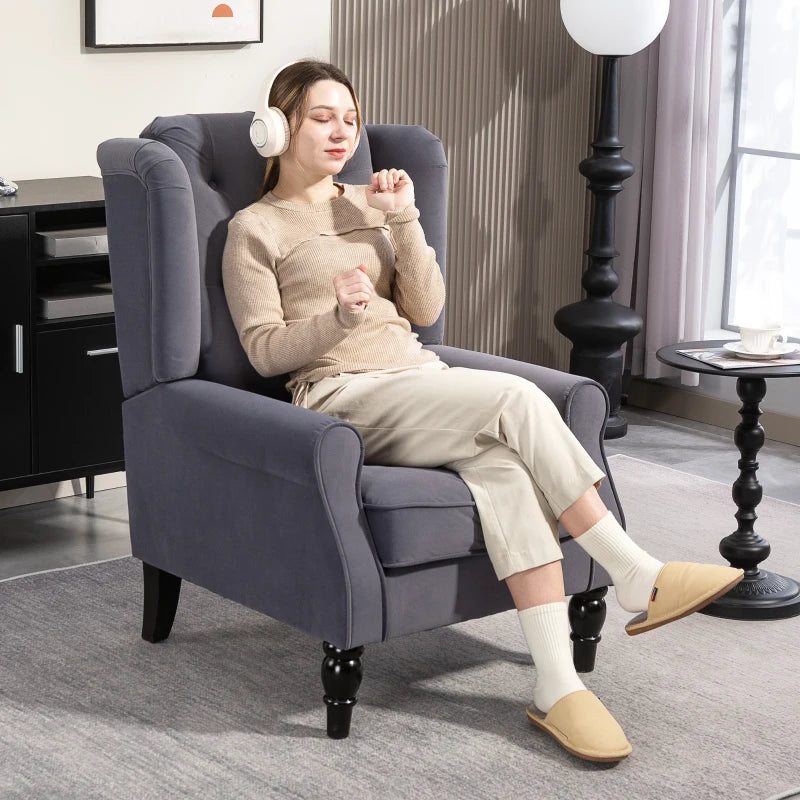 Retro Upholstered Wingback Accent Chair with Button Tufting for Living Room and Bedroom in Charcoal Grey