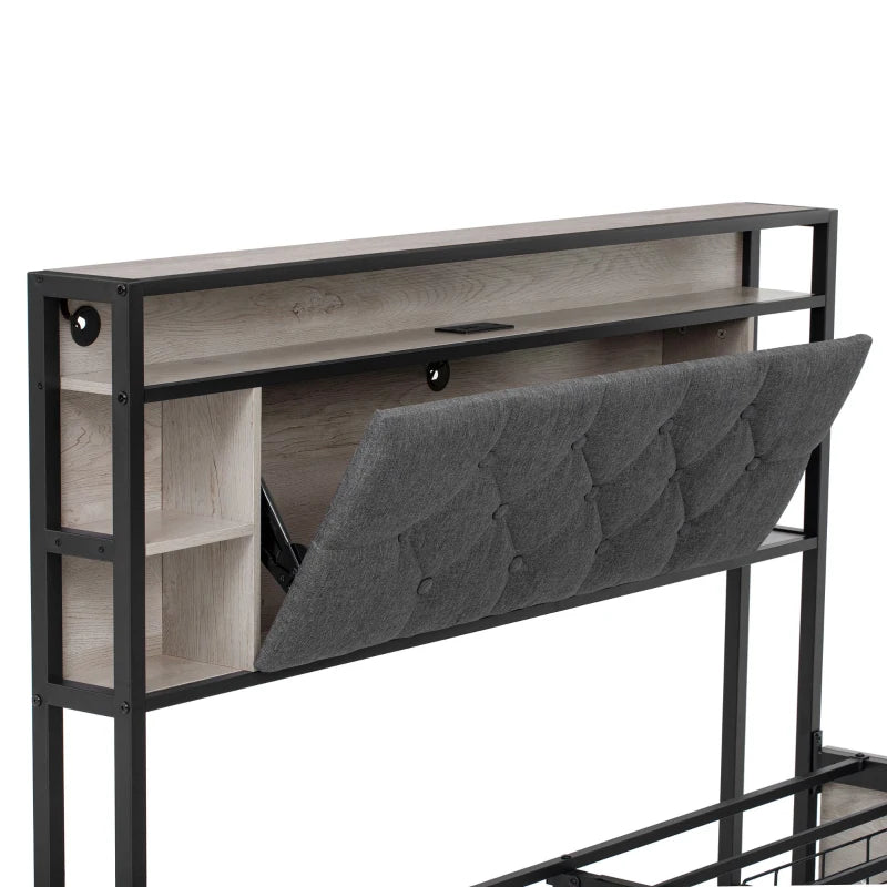 Double Bed Frame with Storage Drawers & RGB LED Lights, USB Ports, Grey & Rustic Brown, 207x138x101 cm
