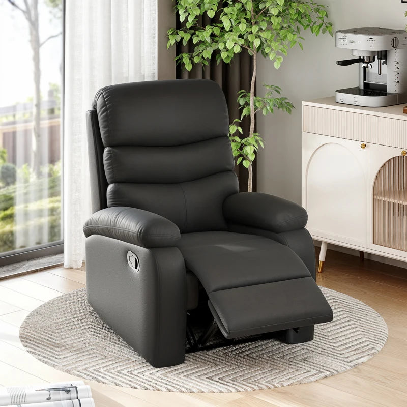 Comfortable PU Leather Reclining Chair with Padded Armrests and Retractable Footrest, Stylish Black Wood Frame