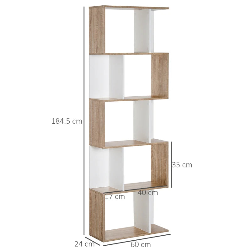 S-Shaped Wooden Bookcase - 5/6 Tier Freestanding Oak & White Bookshelf for Home Office Storage & Display, 24D x 60W x 184.5H