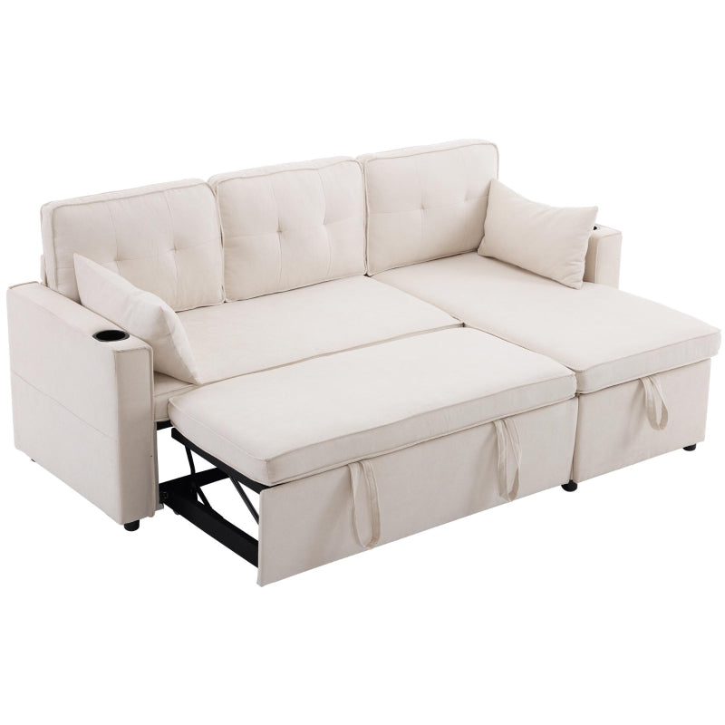 Versatile L-Shaped Sofa Bed with Reversible Chaise, Storage, Cup Holders and Cushions in Beige