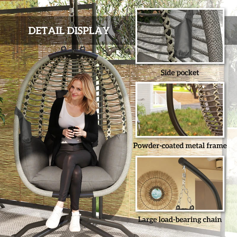 Outdoor Swing Chair - Dark Grey, Thick Padded Cushion, Foldable Metal Stand, Cup Holder, Indoor & Outdoor Use