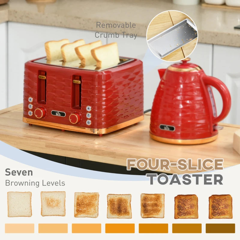 3000W Rapid Boil Kettle & 4 Slice Toaster Set - 1.7L Kettle with 7 Browning Controls, Crumb Tray, Red
