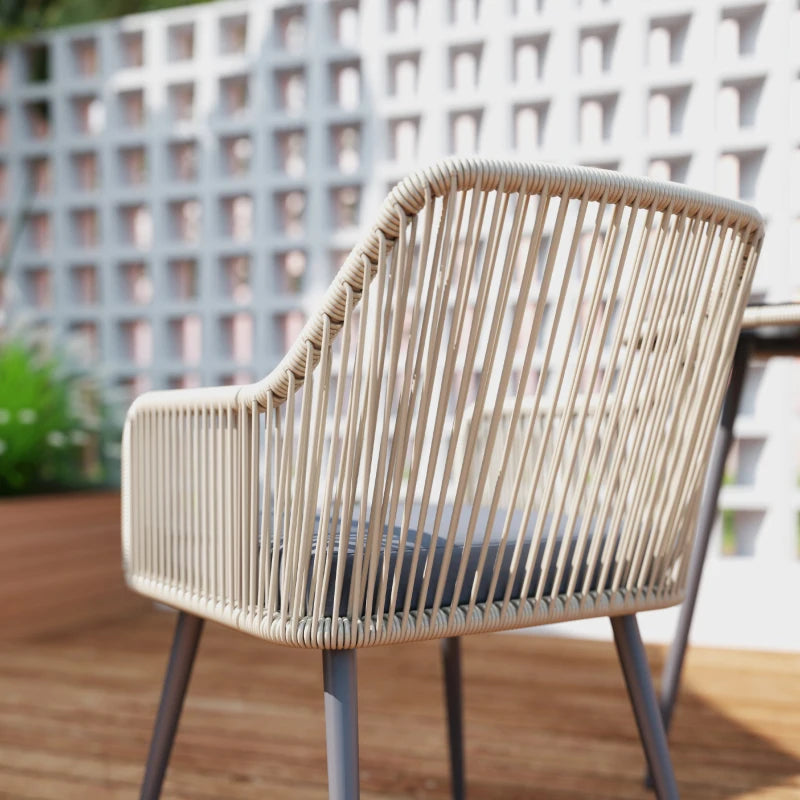 4 Seater Light Brown Rattan Dining Set with Cushions - Outdoor Round Glass Top Table and Chairs for Patio and Balcony